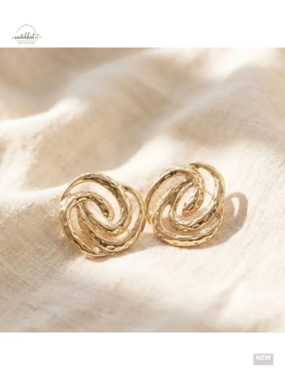 Chunky Gold Hammered Abstract Swirl Knot Post Back Dangle Earrings